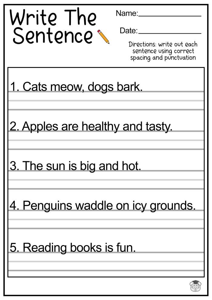Sentence Writing: Spring worksheet for first graders to complete sentences about spring First grade worksheet on sentence writing about favorite spring activities