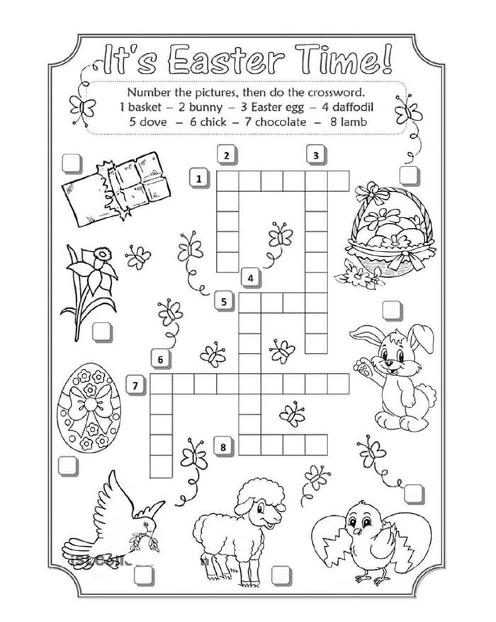 A colorful first grade Easter crossword worksheet featuring spring-themed words for handwriting practice