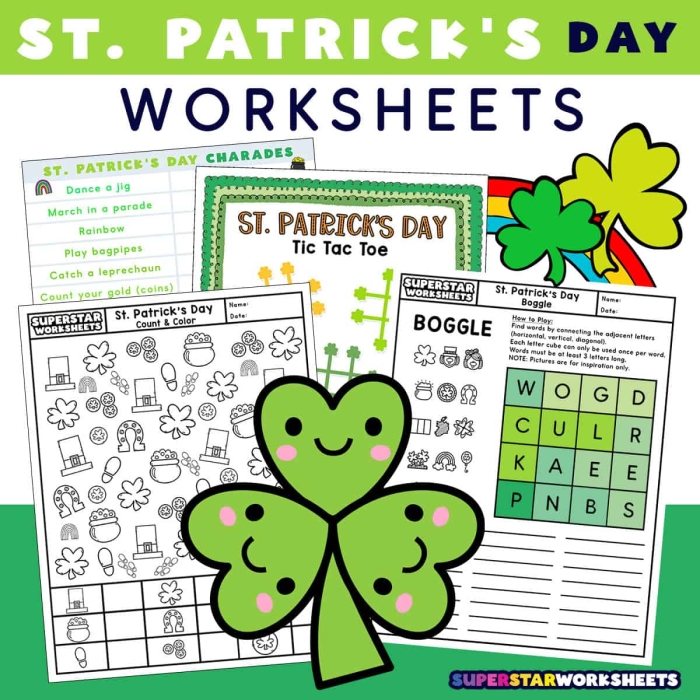 First grade St. Patrick's Day Fun worksheet featuring a maze and coloring activity