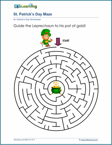 First grade worksheet featuring a St. Patrick's Day maze, jokes, and an Irish flag to color