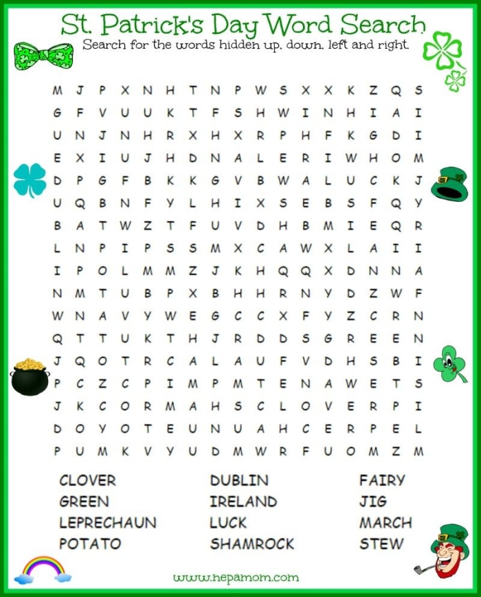 Engaging St. Patrick's themed vocabulary activity for young learners St. Patrick's Day word search worksheet designed for first graders