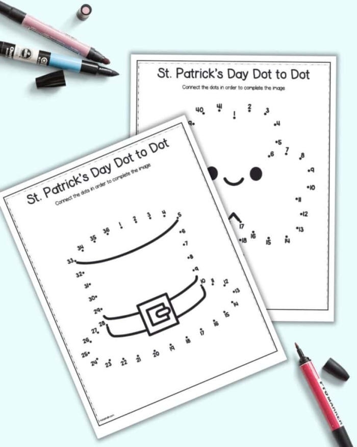 First grade St. Patrick's Day dot-to-dot worksheet featuring a number sequence from 1 to 77