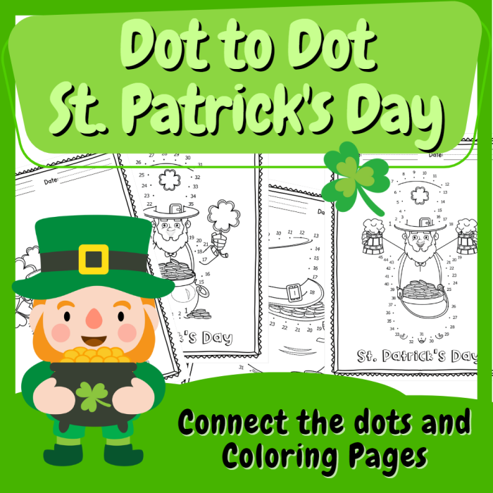 St. Patrick's Day Rainbow Dot-to-Dot worksheet for first graders featuring a pot of gold at the end