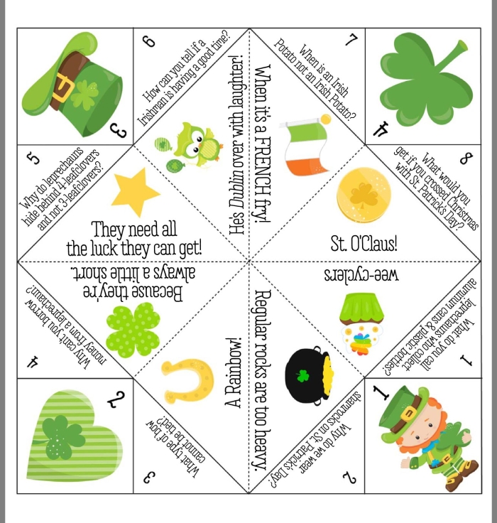 First grade student reading a St. Patricks Day jokes worksheet in the classroom