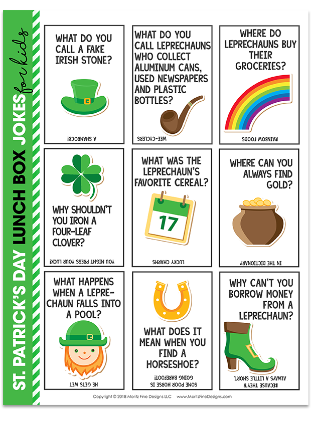 A first grade student reading a St. Patricks Day jokes worksheet with colorful clover illustrations