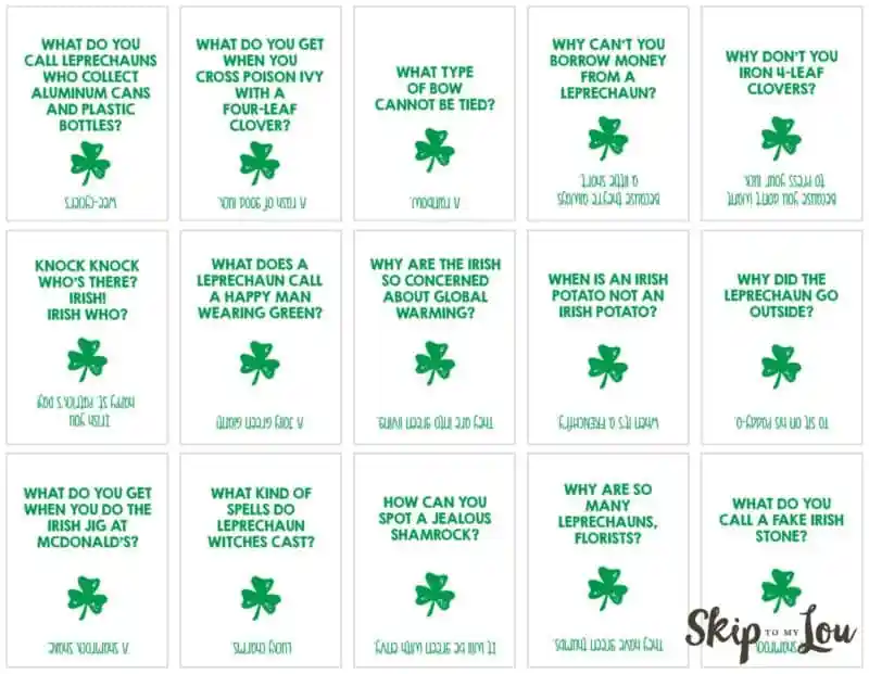 First grade student reading a St. Patrick's Day jokes worksheet with clover illustrations