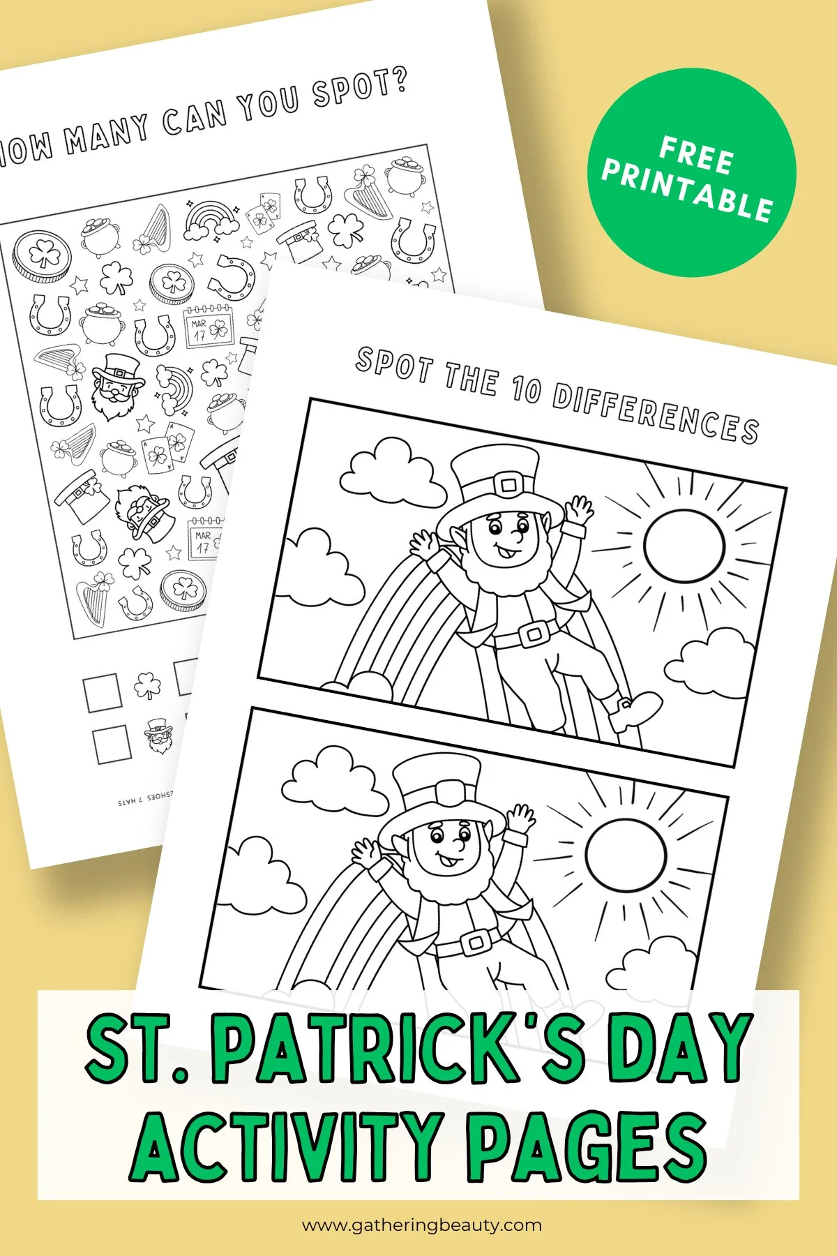 First grade St. Patrick's Day activity worksheet featuring a maze puzzle, jokes section and Irish flag coloring page