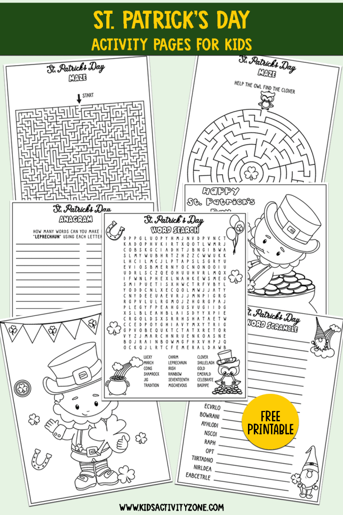 St. Patrick's Day Fun worksheet for first graders featuring a maze, jokes, and an Irish flag to color
