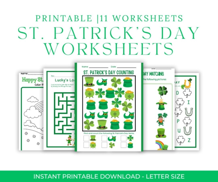 First grade St. Patrick's Day worksheet featuring a maze activity, jokes section, and Irish flag coloring page for holiday learning fun