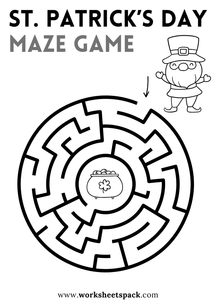 First grade students complete a St. Patrick's Day fun worksheet featuring a holiday maze and coloring activity