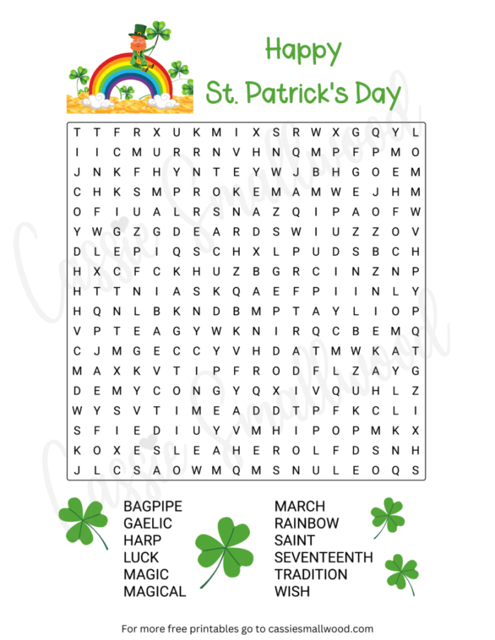 Fun vocabulary building activity for teaching spelling on St. Patrick's Day St. Patrick's Day themed word search worksheet for first graders