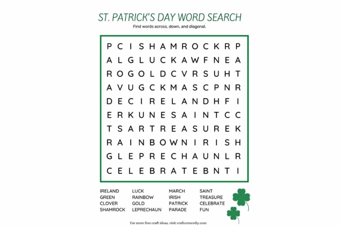 Engaging word search activity to enhance vocabulary and spelling skills St. Patrick's Day themed word search worksheet for first graders