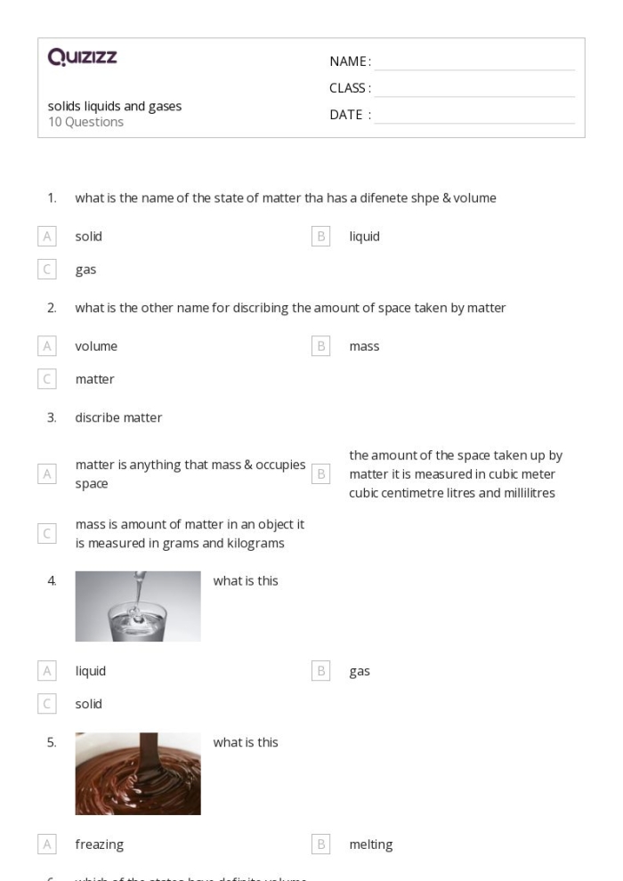 First grade science worksheet asking students to identify and write examples of solids, liquids, and gases
