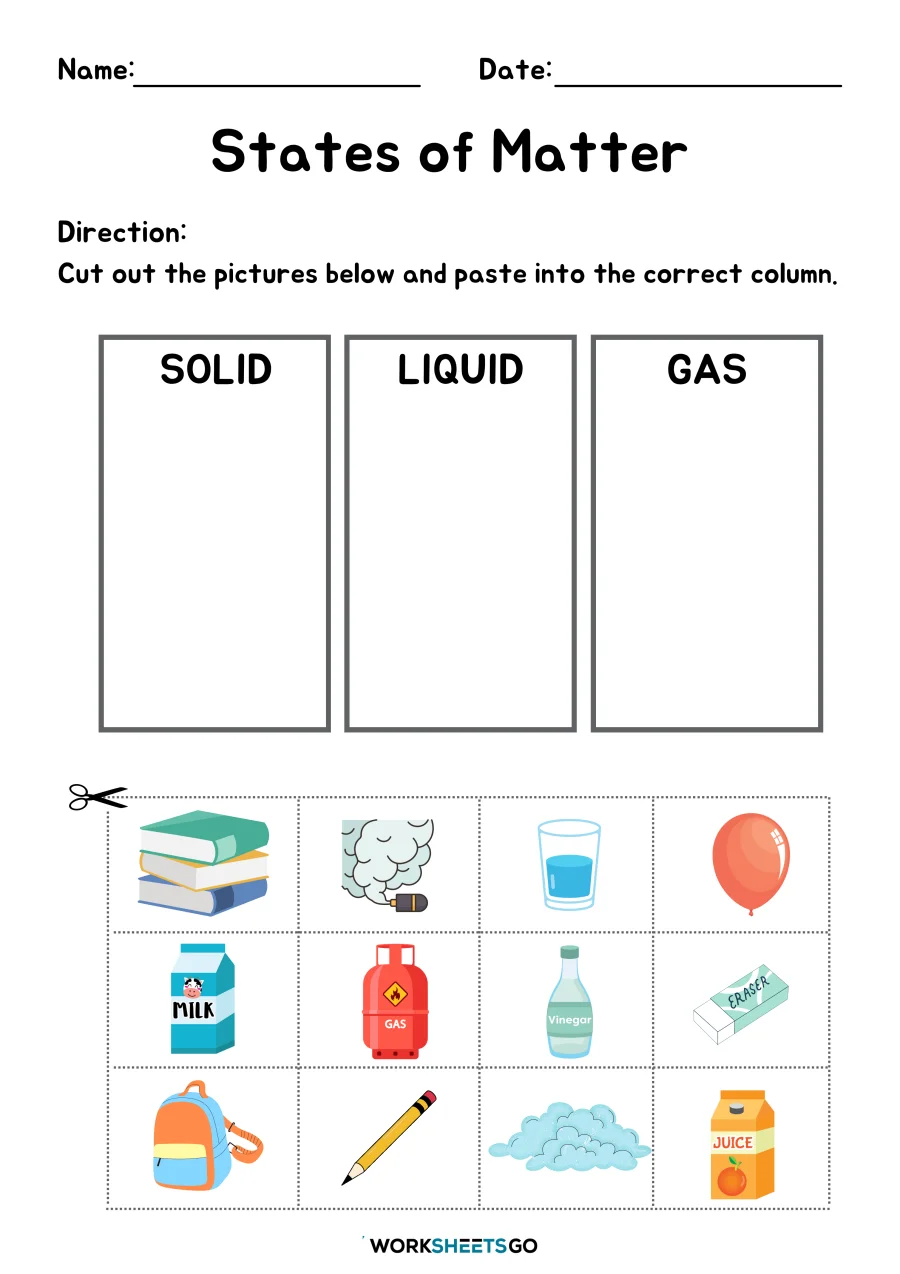 Kids engaging with the Matter Mixup worksheet to identify solids, liquids, and gases