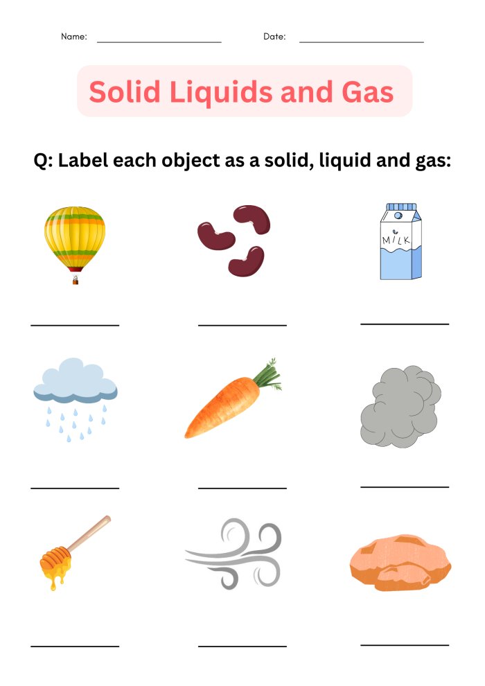 First grade science worksheet about identifying solids liquids and gases for students 24