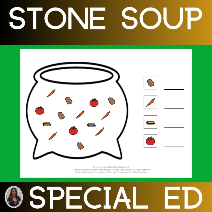 First grade student completing a geometry and reading comprehension worksheet based on Stone Soup