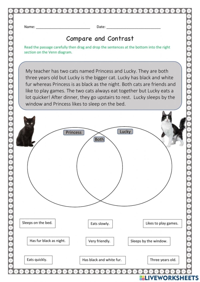 First grade worksheet for comparing and contrasting story elements with sections for character and plot analysis