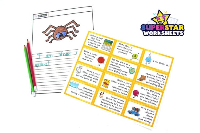 Kids engaging with a narrative writing prompt worksheet for first graders