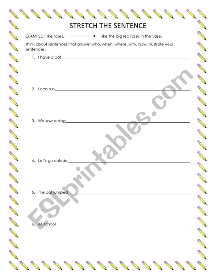 Stretching Sentences worksheet for first graders featuring fun writing prompts