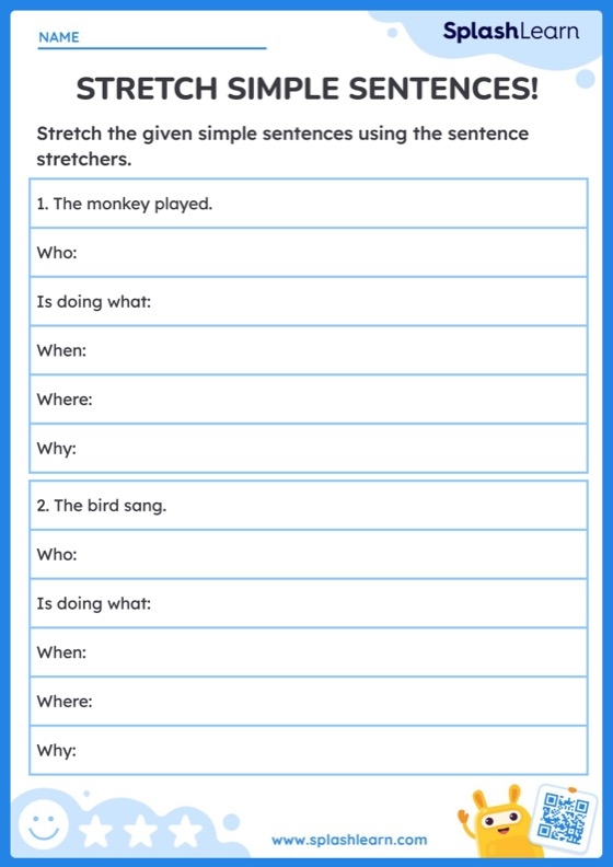 First grade worksheet for stretching sentences with engaging writing prompts