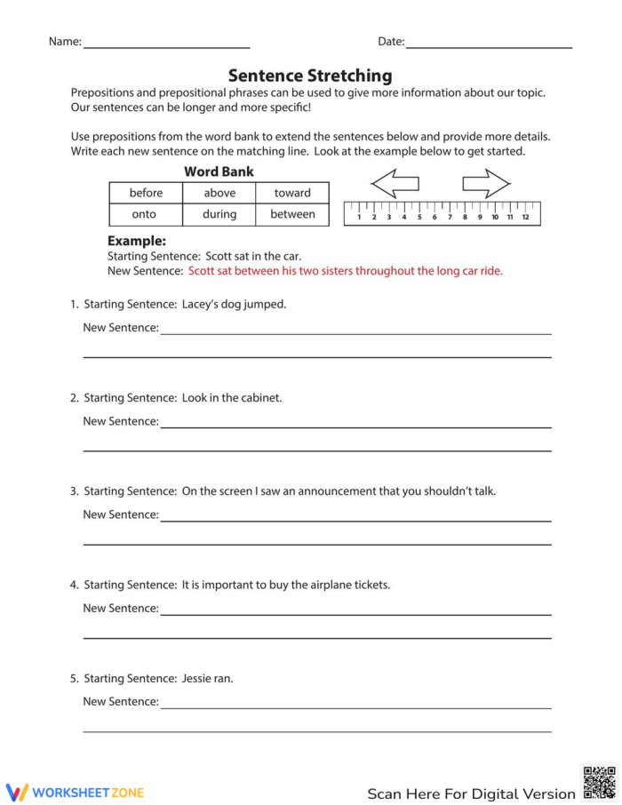 Stretching Sentences worksheet for first graders with prompts to enhance writing skills