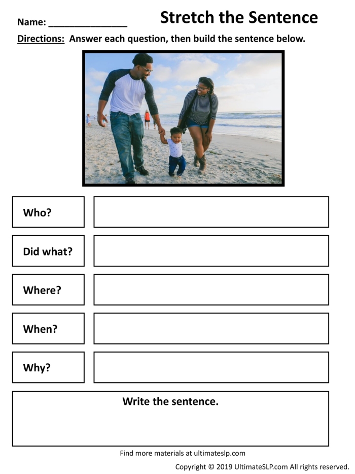 A colorful worksheet titled "Stretching Sentences" designed for first graders to enhance their writing skills. Engaging prompts encourage students to elaborate on sentences by including details about who, what, when, and where.