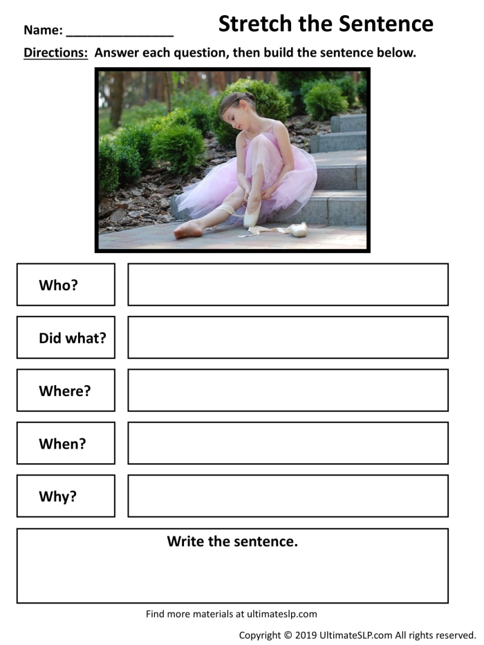 Stretching Sentences worksheet for first graders with engaging writing prompts