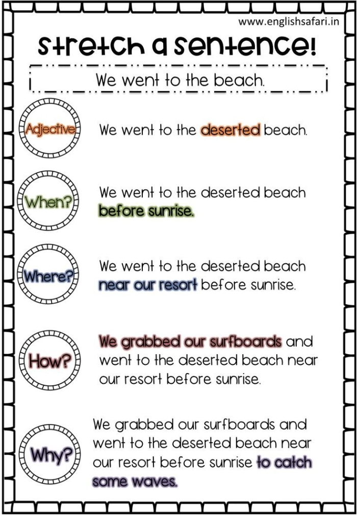 First Grade Stretching Sentences worksheet featuring engaging writing prompts