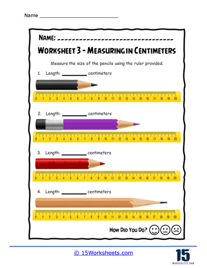 First grade student measuring objects with a ruler in centimeters during a math worksheet activity