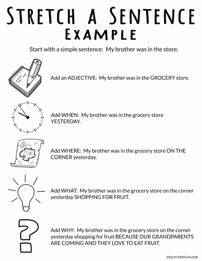 First grade students engaging with the Stretching Sentences worksheet, enhancing their writing skills. Colorful prompts encourage children to elaborate on their sentences by adding details.