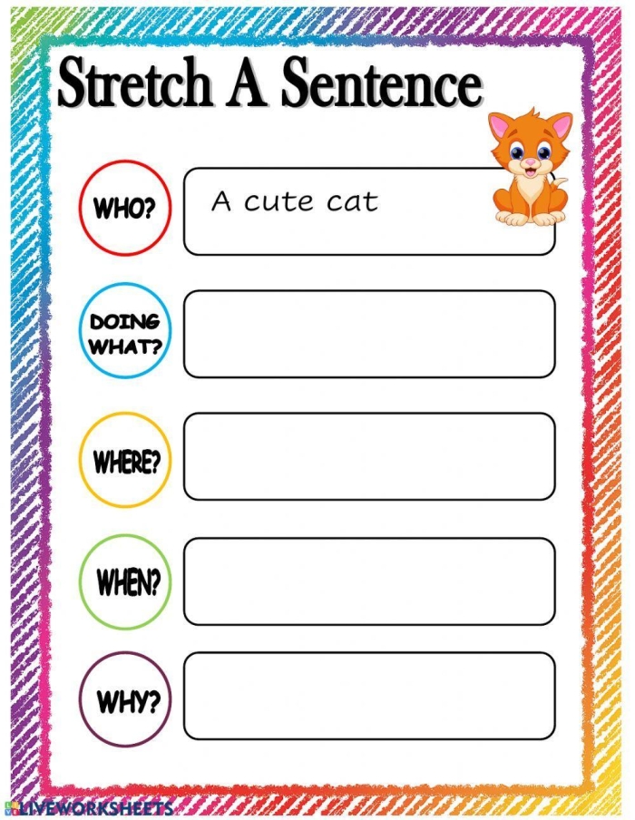 First grade students engaging with a Stretching Sentences worksheet featuring fun writing prompts