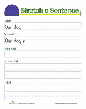 First grade students engaging with the Stretching Sentences worksheet, enhancing their writing skills. Creative prompts for adding details in sentences for young learners.