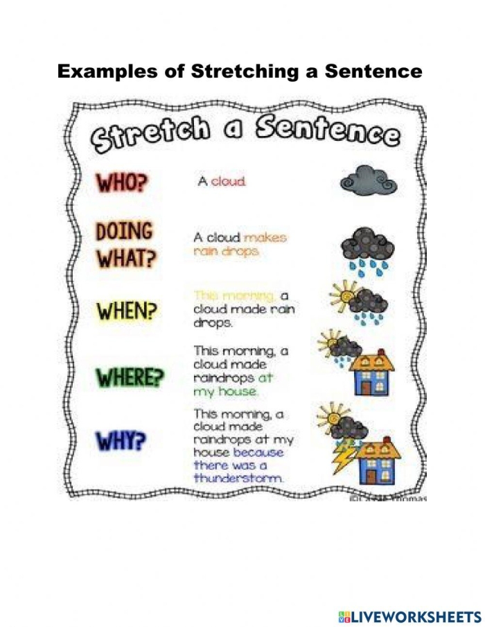 First grade students practicing sentence expansion with fun prompts on a worksheet