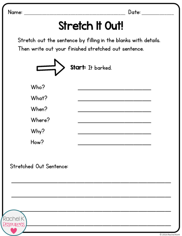 First grade students engaging with a Stretching Sentences worksheet filled with prompts