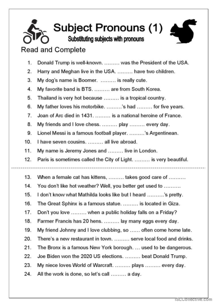 First Grade Subject Pronouns Learning Activity 18 Colorful subject pronouns worksheet for first grade with visual examples of I, you, he, she, it, we, and they