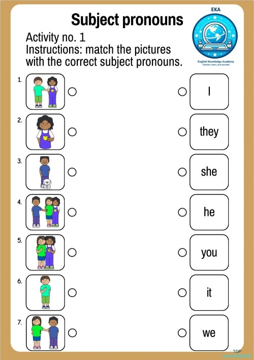 Subject Pronouns Practice Activity 4 for Elementary Students Colorful first grade worksheet showing subject pronouns with bright visual examples for young learners to practice writing