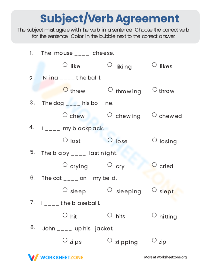 First grade student completing a subject-verb agreement quiz worksheet