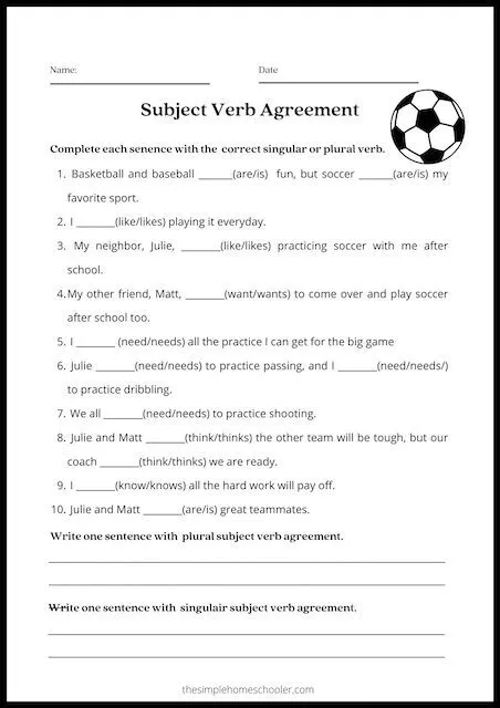 Subject-Verb Agreement Quiz worksheet for first graders focusing on basic grammar skills