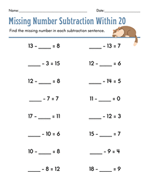 Assessment: Subtraction to 20 worksheet for First Grade