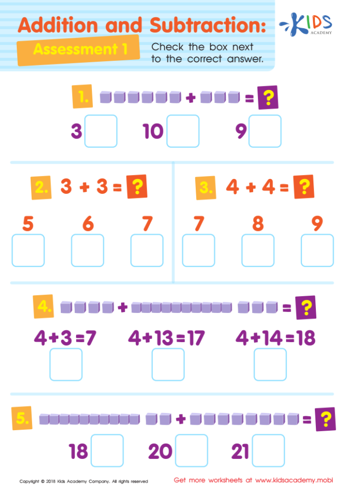 Assessment: Subtraction to 20 worksheet for First Grade