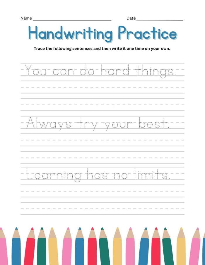 Lined handwriting paper worksheet designed for first graders to practice subtraction skills
