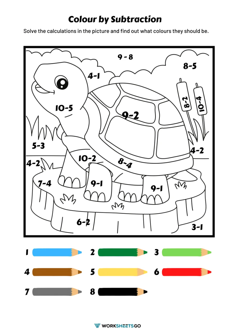 Color by Simple Subtraction worksheet featuring fun subtraction problems for first graders