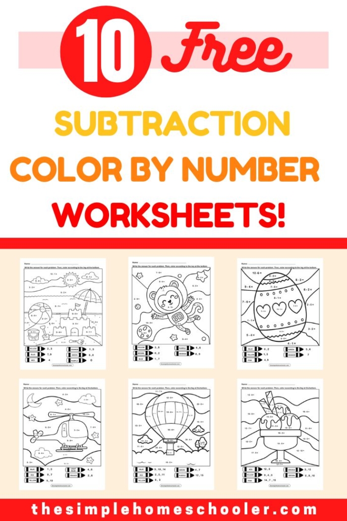 Color by Simple Subtraction worksheet featuring fun subtraction problems for first graders
