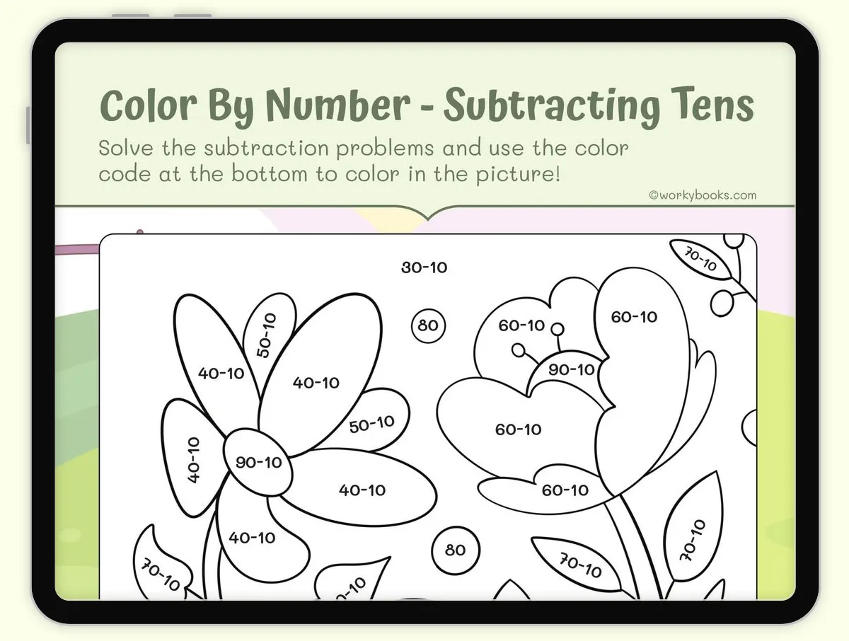 First grade student using color by simple subtraction worksheet to solve math problems