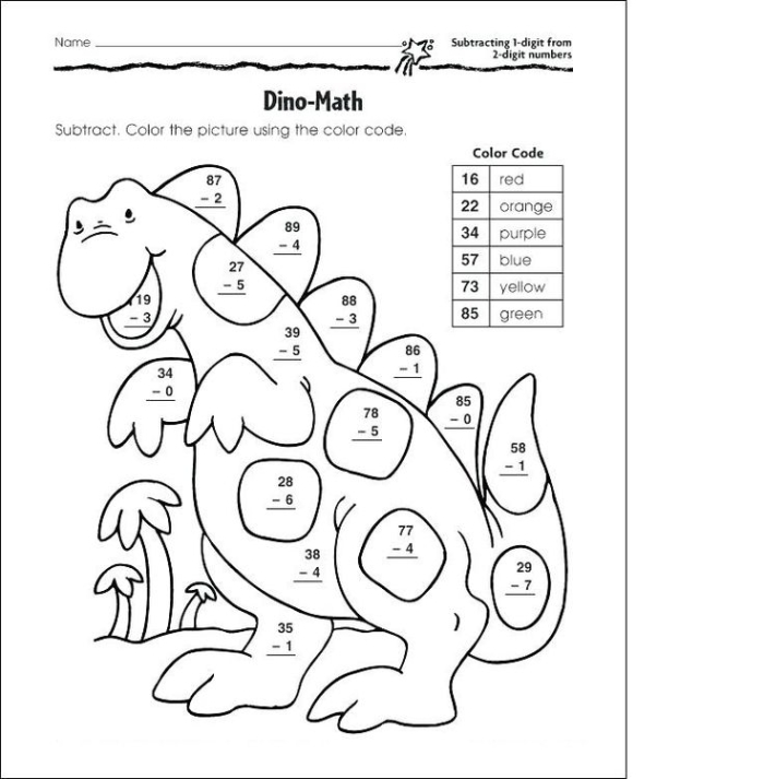 First grade student solving a color by simple subtraction worksheet to reveal a hidden picture