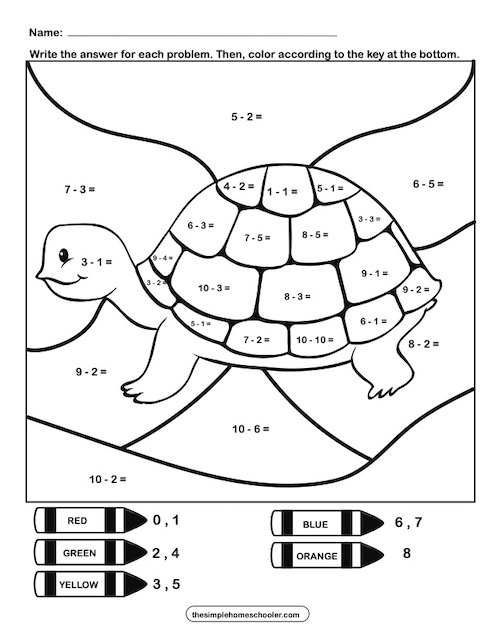 Color by Simple Subtraction worksheet featuring fun subtraction problems for first graders