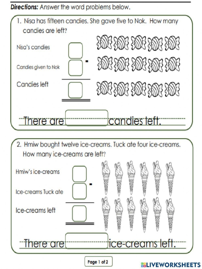 Subtraction Word Problems Worksheet for First Grade Assessment 21 First grade student completing a subtraction word problems worksheet at a wooden desk