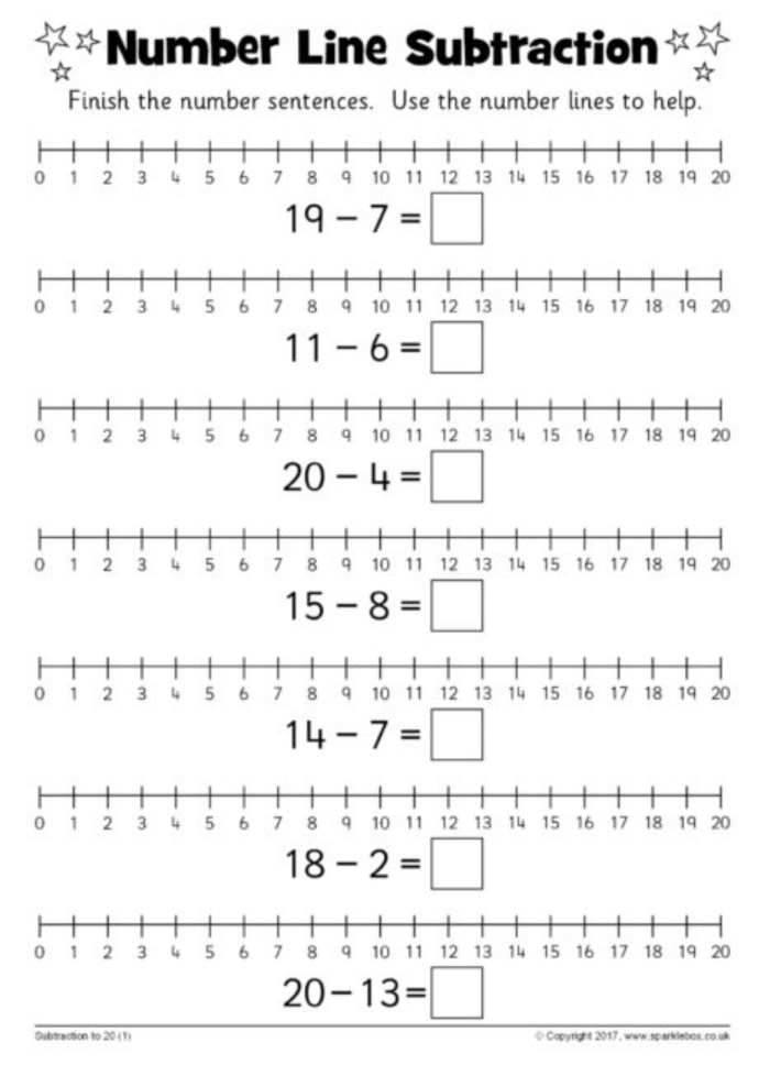 Subtraction Number Line Worksheet 20 for First Grade Math Practice First grade student practicing subtraction skills by counting backward on a number line worksheet