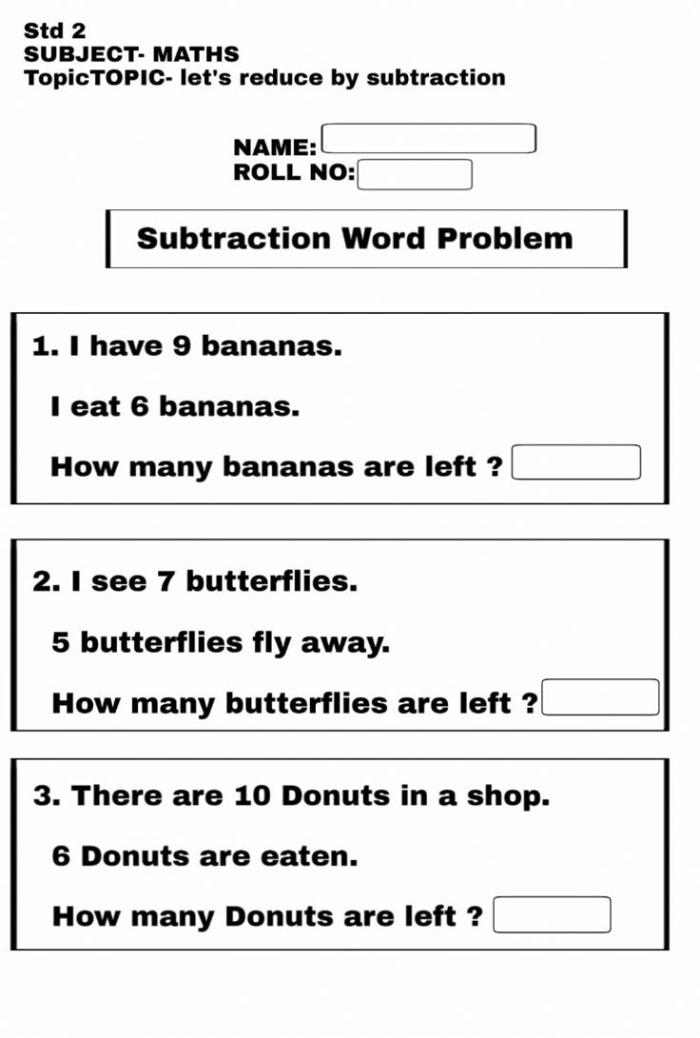 Assessment tool for evaluating first graders' skills in solving subtraction word problems First-grade subtraction word problems worksheet featuring engaging scenarios for young learners