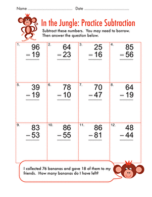 Jungle-themed subtraction worksheet designed for first graders to practice basic math skills